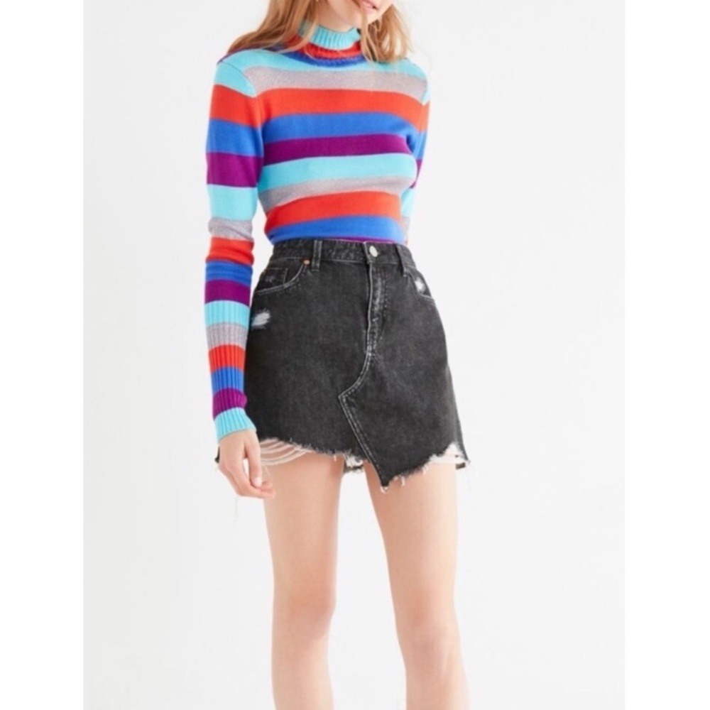 BDG Raw Hem Asymmetrical Distressed Mini Denim Skirt, Black - Size L